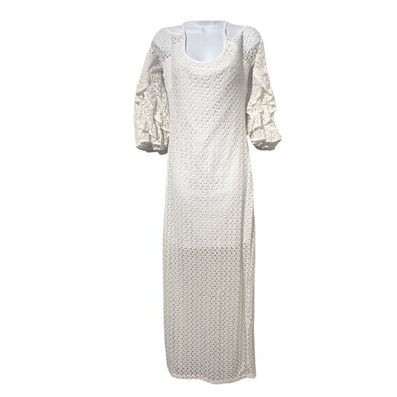 REVE Crochet Maxi Dress Bell Ruffle Sleeve Ecru Size Large - Picture 2 of 6